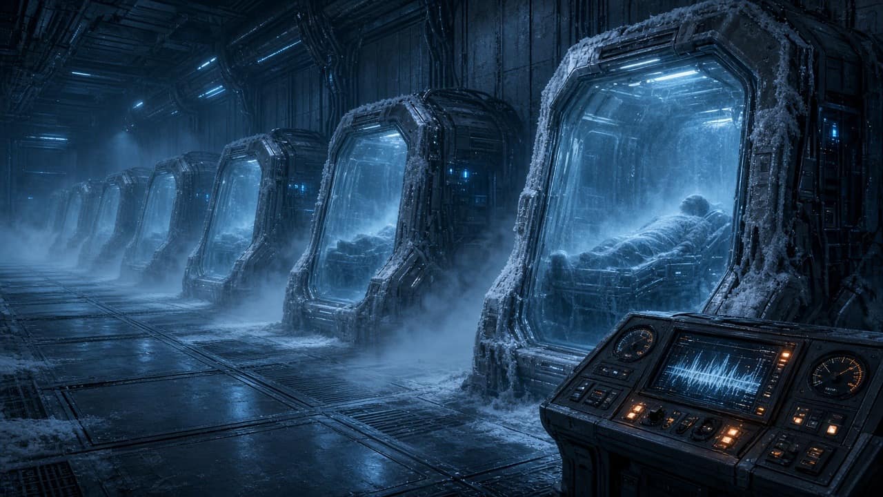 Frozen cryogenic pods in an icy sci-fi facility