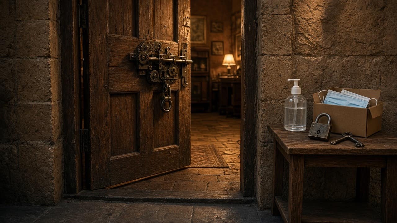 Escape room door with hand sanitizer and masks beside it