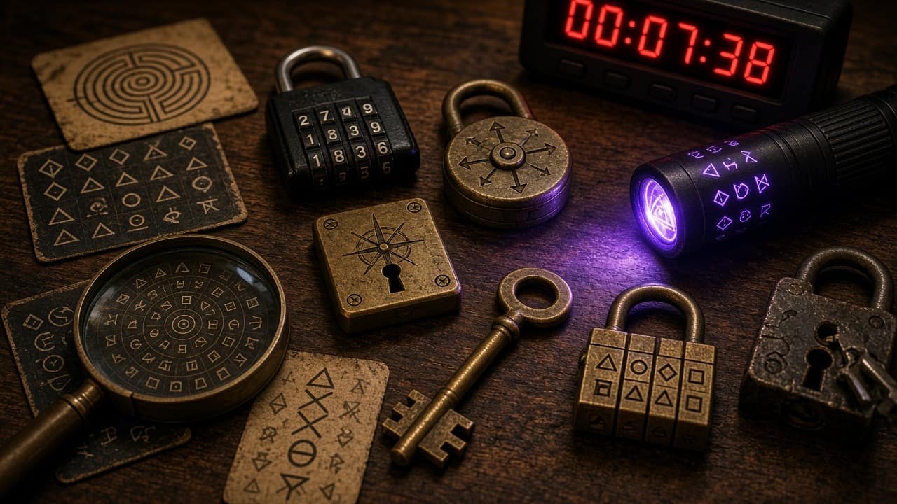 Escape room padlocks, UV flashlight, clue cards and a countdown timer