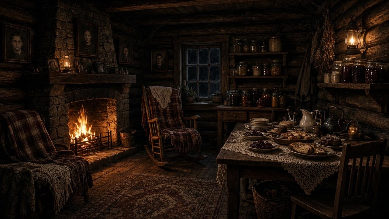 Cozy but sinister log cabin with a fireplace and family portraits