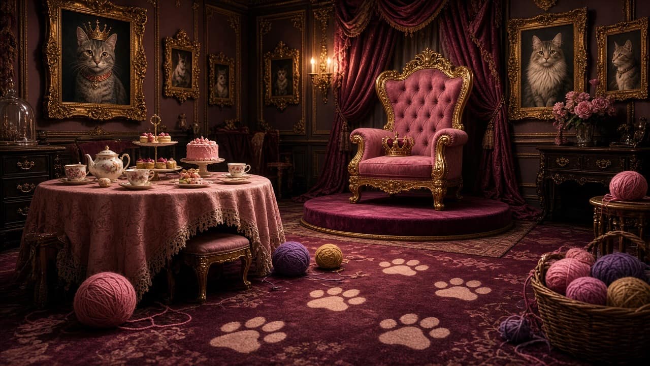 Cat kingdom throne room with an empty throne and tea party