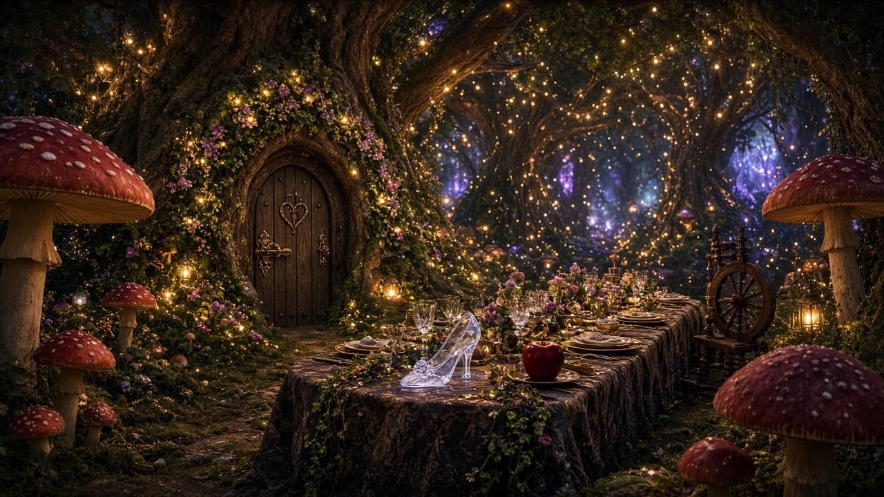 Enchanted fairy tale forest with a banquet table and glass slipper