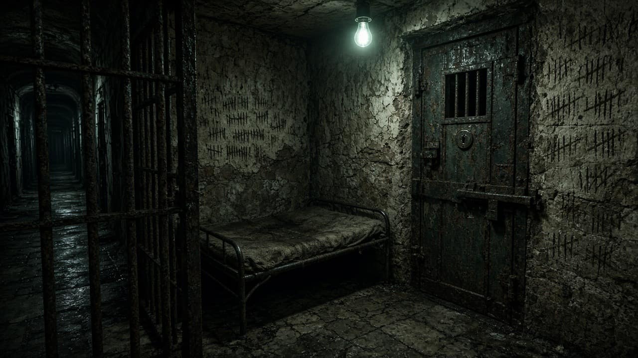 Cramped abandoned prison cell with rusted bars