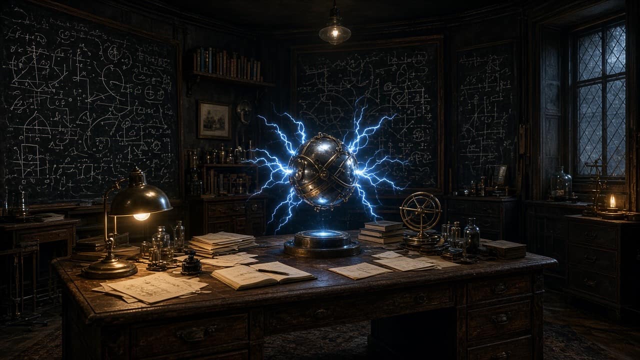 Physicist study with chalkboards and a glowing energy sphere
