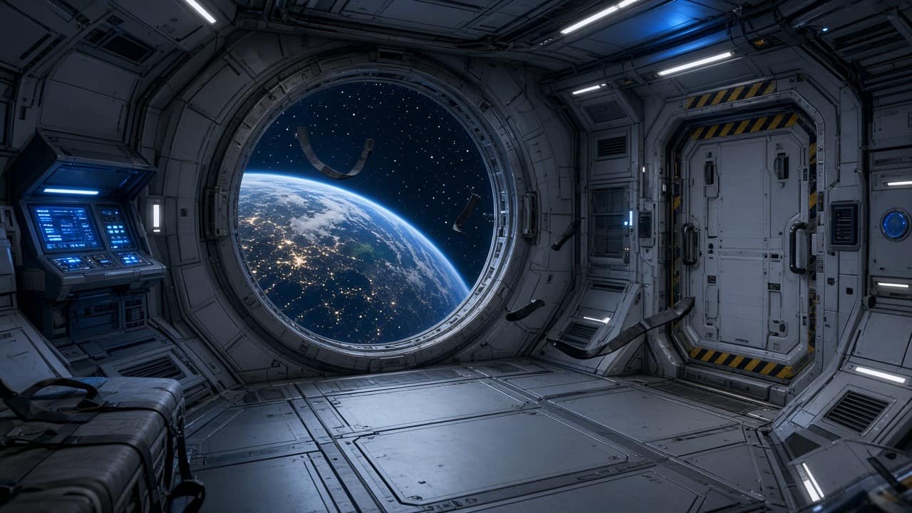 Space station module with a viewport overlooking Earth