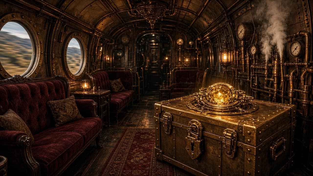 Steampunk train carriage with a locked brass weapon crate