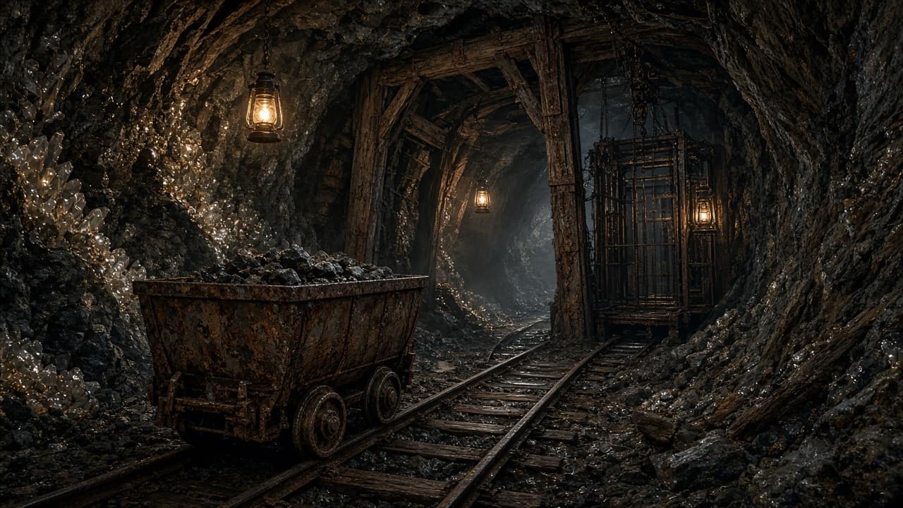 Lantern-lit mineshaft with a mine cart and cage elevator