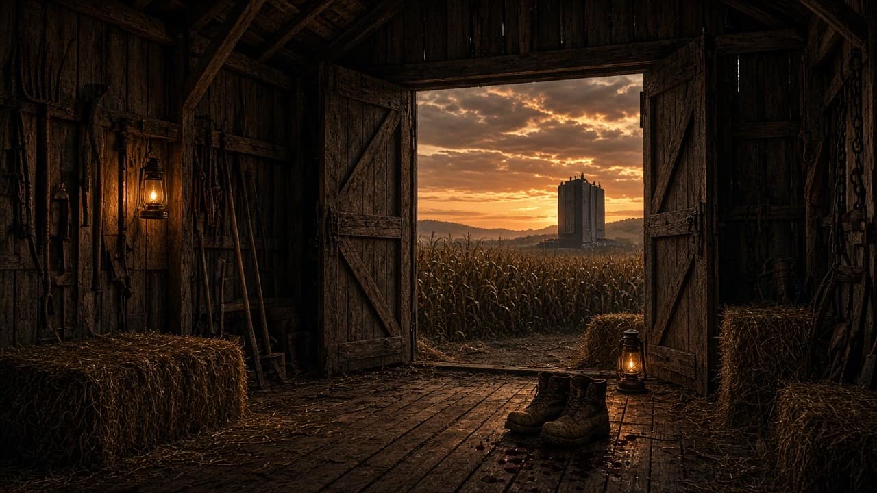 Barn opening onto a cornfield at dusk with bloodied boots
